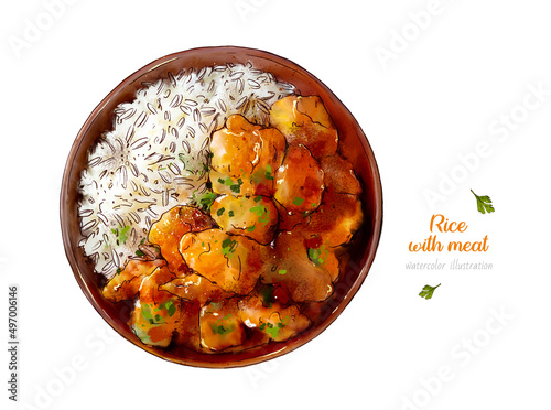 Madras beef with basmati rice. White rice with meat and herbs. Indian food in watercolor style isolated on white background. Watercolor hand drawn illustration