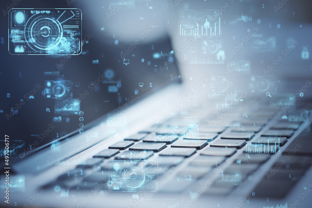 Close up of laptop computer with abstract creative business charts and binary code hologram on blurry background. System engineering and digital transformation concept. Double exposure. Close up of laptop computer with abstract creative business charts and binary code hologram on blurry background. System engineering and digital transformation concept. Double exposure.
