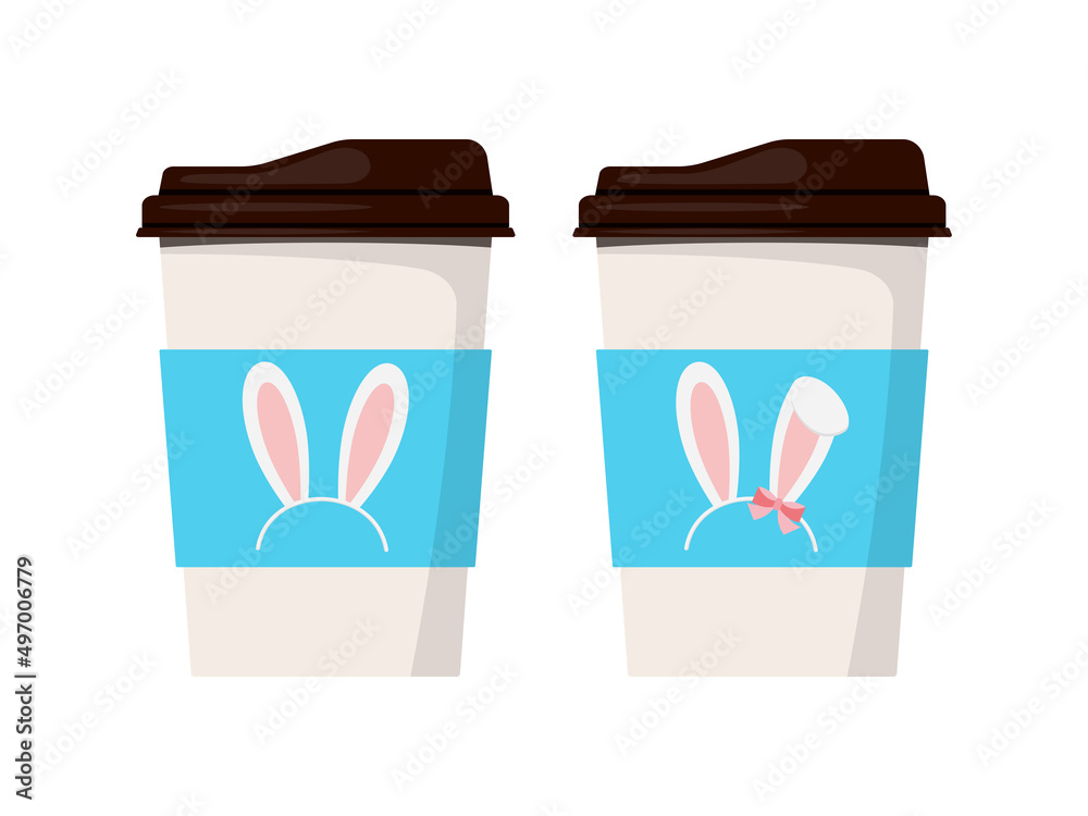 Easter coffee mug with cute bunny ears icon isolated on white background. Drink to go design with sweet traditional spring rabbit hare ear hair accessory print. Vector flat design cartoon illustration Easter coffee mug with cute bunny ears icon isolated on white background. Drink to go design with sweet traditional spring rabbit hare ear hair accessory print. Vector flat design cartoon illustration