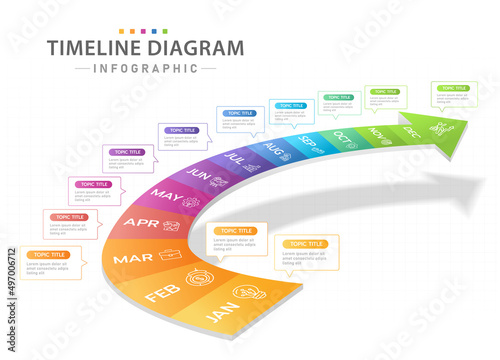 infographic template for business. Monthly Modern Timeline diagram calendar with 3D stair Gantt chart.