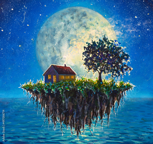 Paintings house and tree on a flying island in night sea on big moon background painting fantasy art