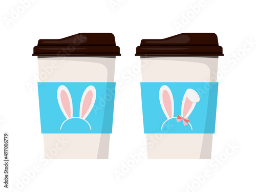 Easter coffee mug with cute bunny ears icon isolated on white background. Drink to go design with sweet traditional spring rabbit hare ear hair accessory print. Vector flat design cartoon illustration