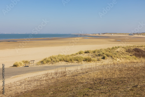 Fototapeta Naklejka Na Ścianę i Meble -  The mouth of the Scheldt with sandy beaches and with  the contours of Vlissingen in a far distance