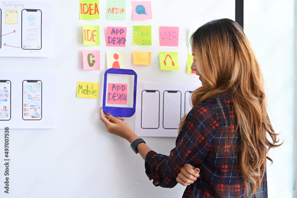 Rear view of creative woman planning application and developing template layout, framework for mobile phone on white board. Rear view of creative woman planning application and developing template layout, framework for mobile phone on white board.
