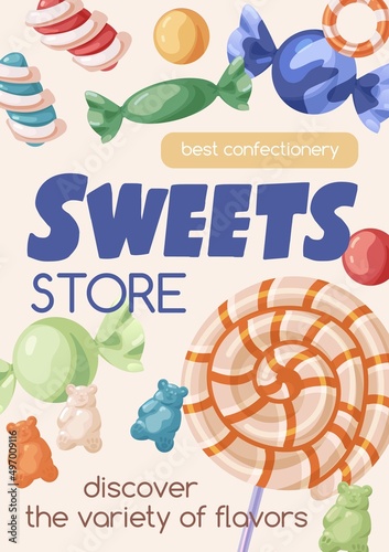 Sweets store poster template with candies, lollipops, bonbons, caramels, gummy bears background. Vertical ad card design with yummy sweeties, lollypops for sugar shop. Flat vector illustration