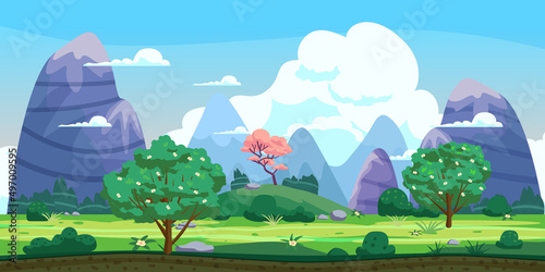 Fantasy landscape, green hills, trees, spring, mountains, panorama. Vector cartoon background illustration