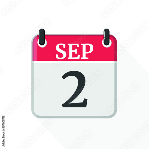 September 2 Calendar Icon. Calendar Icon with white background. Flat style. Date, day and month.