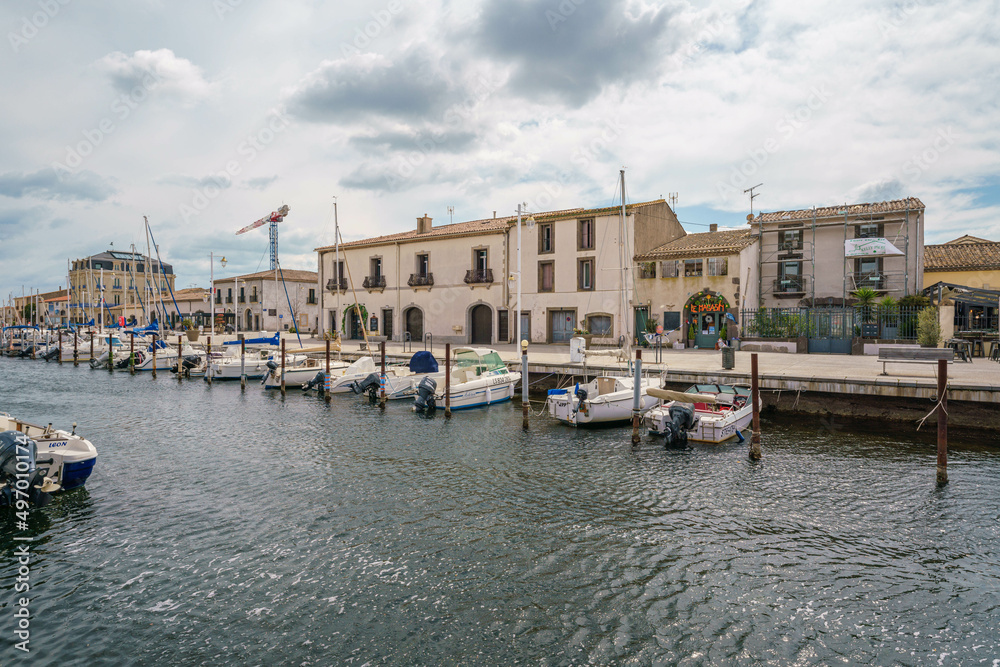 The harbour landscape of a French seaside port town in Marseillan