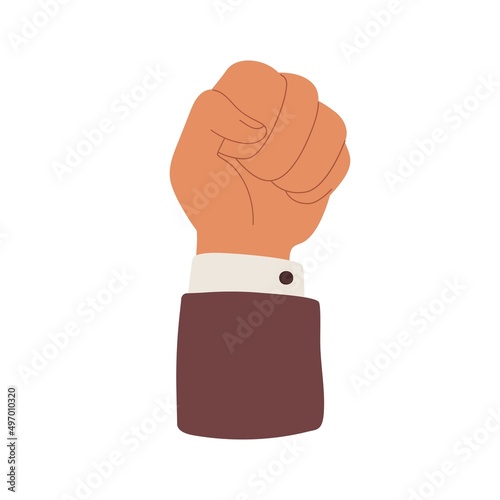 Hand, clenched fist raised up for solidarity. Strong arm of activist rising high for strike, protesting, fighting against labor discrimination. Flat vector illustration isolated on white background