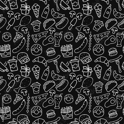 Fast food set icons, fastfood background. Doodle fast food icons. seamless pattern with food icons. food icons on black background. hand drown vector pattern with fast food icons