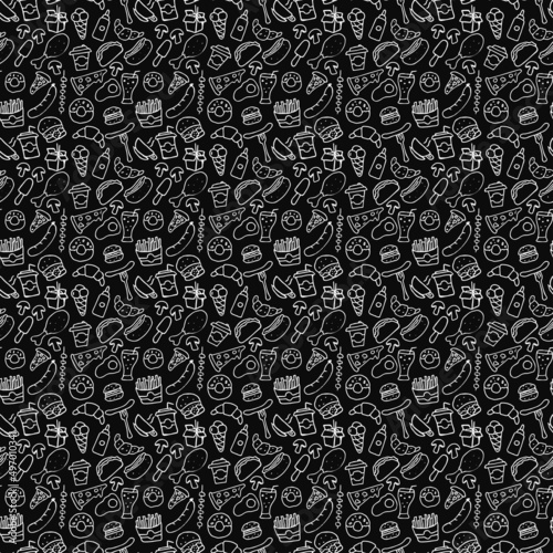 Fast food set icons, fastfood background. Doodle fast food icons. seamless pattern with food icons. food icons on black background. hand drown vector pattern with fast food icons
