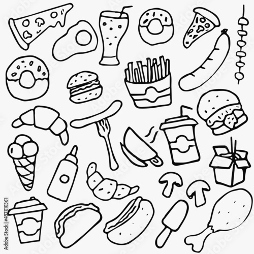 Fast food set icons, fastfood background. Doodle fast food icons. food icons on white background. hand drown vector fast food set icons