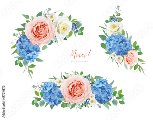 Vector floral bouquet. Blush peach, yellow garden roses, blue hydrangea, love...