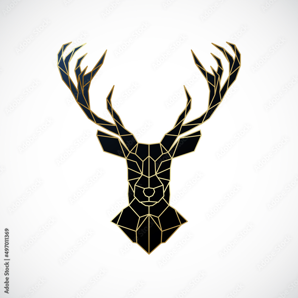 Geometric deer head illustration. Golden Polygonal reindeer emblem isolated on white background.