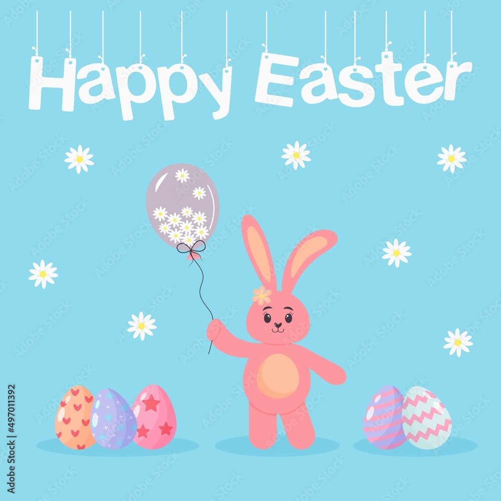 Cute pink bunny holding a balloon full of chamomiles. Colored Easter eggs and chamomiles around him. Happy Easter postcard. Cute pink bunny holding a balloon full of chamomiles. Colored Easter eggs and chamomiles around him. Happy Easter postcard.