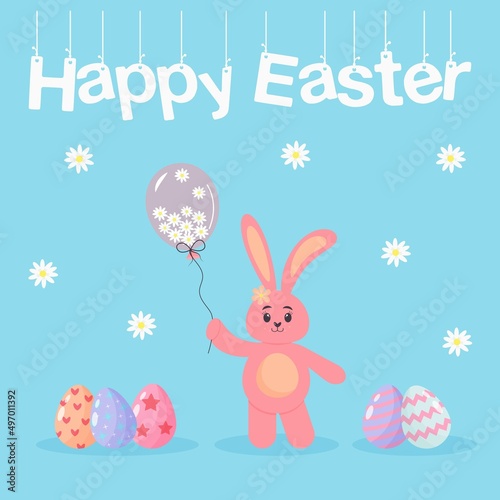 Cute pink bunny holding a balloon full of chamomiles. Colored Easter eggs and chamomiles around him. Happy Easter postcard.