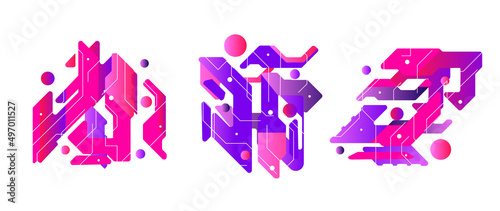 Modern futuristic cyberpunk element on white background. Collection of high technology in geometric shape with circuit board line and gradient color. Digital element for business, presentation, ads.