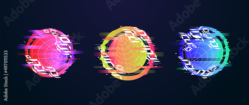 Modern futuristic cyberpunk element on dark background. Collection of high technology in geometric circle shape with colorful gradient color. Digital and trendy element forpresentation, ads.