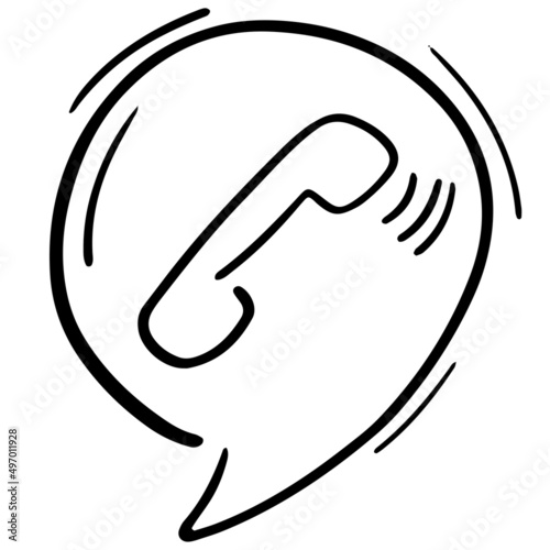 symbol, incoming call notification, handset in the cloud of dialogue, vector isolated element in doodle style, black outline, white background