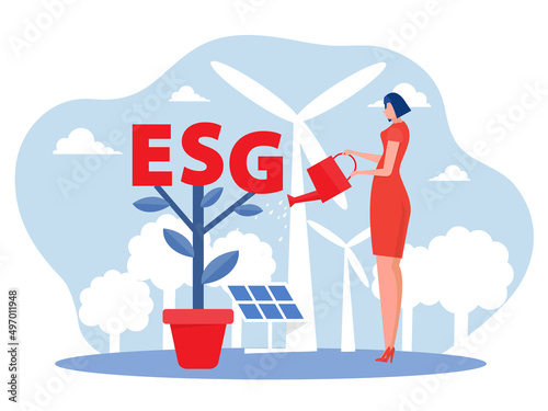 woman water the plants with ESG big word or ecology problem background vector illustrator