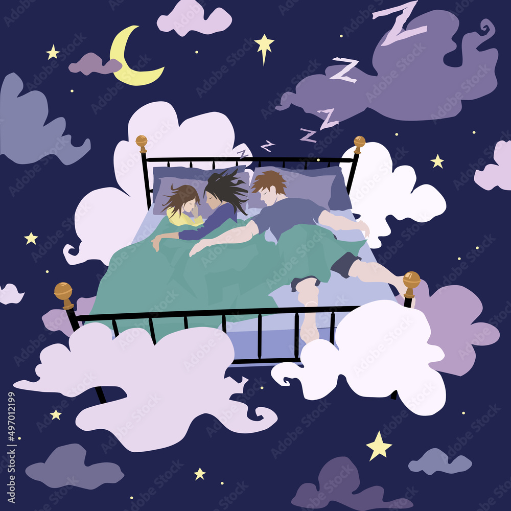 Naklejka premium Two parents, a mother and father, co-sleeping with their toddler child, in a vintage bed with a black metal frame in a dreamy cloud setting of deep sleep.