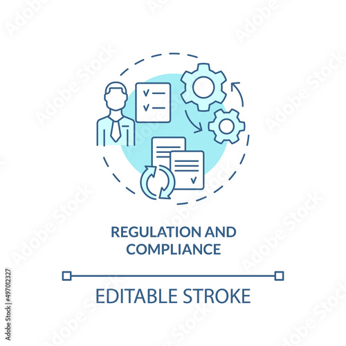 Regulation and compliance turquoise concept icon. Business challenge abstract idea thin line illustration. Isolated outline drawing. Editable stroke. Arial, Myriad Pro-Bold fonts used
