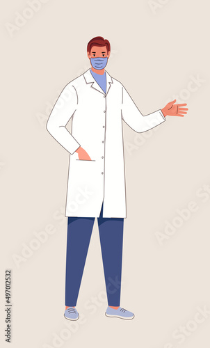 Portrait of male doctor with her hand raised in greeting. Physician in lab coat smiles behind mask (turn off the layer). Character illustration isolated white background. Flat cartoon vector.