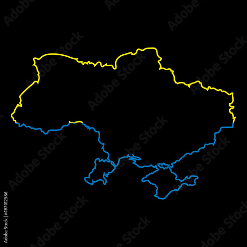 Ukraine map outline in yellow-blue color on a black background