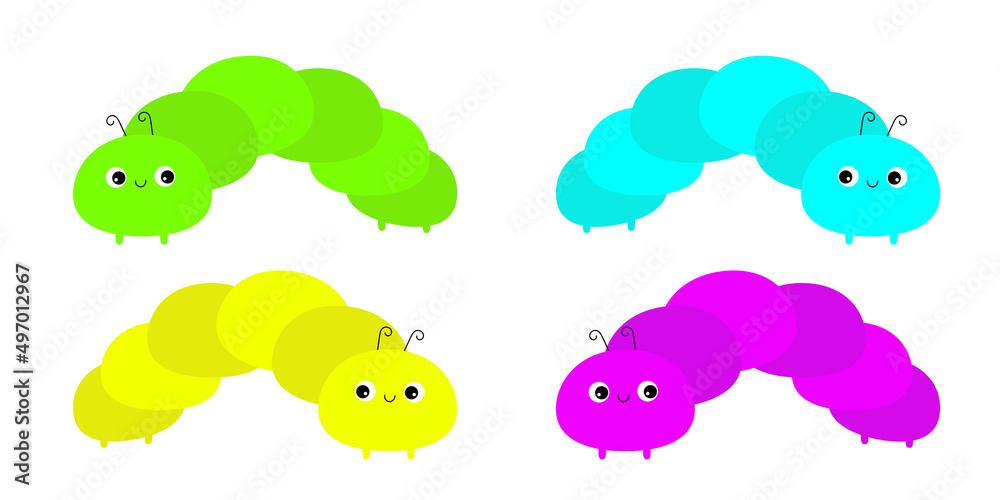 Caterpillar insect icon set. Crawling catapillar bug. Cute kawaii cartoon funny character. Baby collection. Flat design. Colorful bright yellow green cblue violet olor. White background. Isolated. Caterpillar insect icon set. Crawling catapillar bug. Cute kawaii cartoon funny character. Baby collection. Flat design. Colorful bright yellow green cblue violet olor. White background. Isolated.
