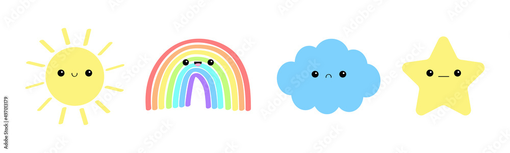 Obraz premium Sun, cloud, rainbow, star icon set line. Cute cartoon kawaii funny baby character. Smiling face emotion. Baby charcter collection. Flat design. Pastel color. Isolated. White background.