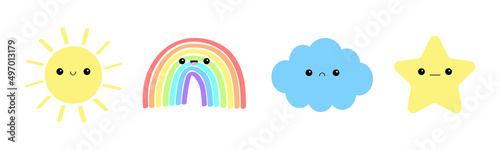 Sun, cloud, rainbow, star icon set line. Cute cartoon kawaii funny baby character. Smiling face emotion. Baby charcter collection. Flat design. Pastel color. Isolated. White background.