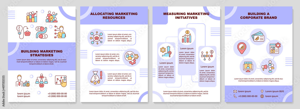 Common marketing problems in business purple brochure template. Leaflet design with linear icons. 4 vector layouts for presentation, annual reports. Arial-Black, Myriad Pro-Regular fonts used