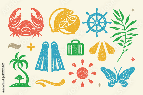 Summer symbols and objects set vector illustration. Cut lemon wedges and bright sun for pleasant stay