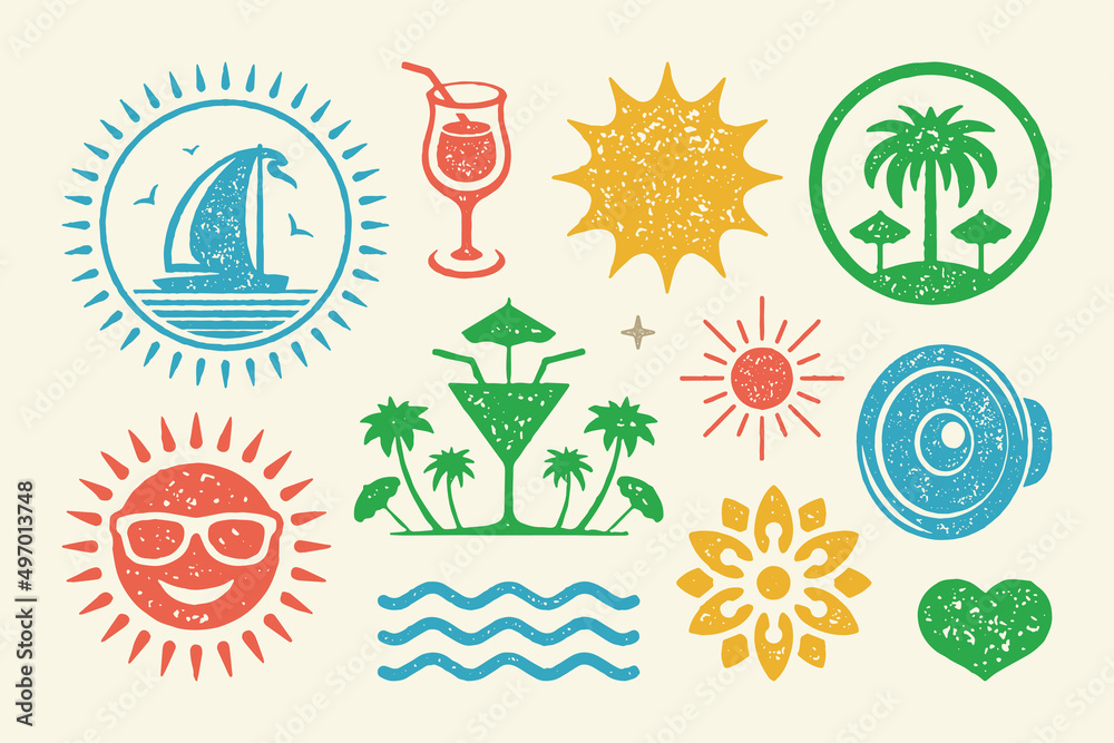 Summer symbols and objects set vector illustration. Tropical island with palm trees and sea waves
