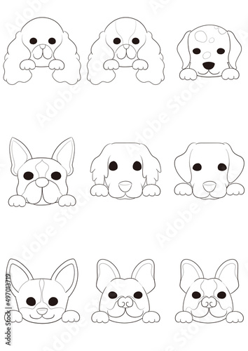 ワンちゃんの正面顏(手つき))7犬種9匹セット)ラインアート