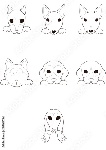 ワンちゃんの正面顏(手つき))5犬種8匹セット)ラインアート