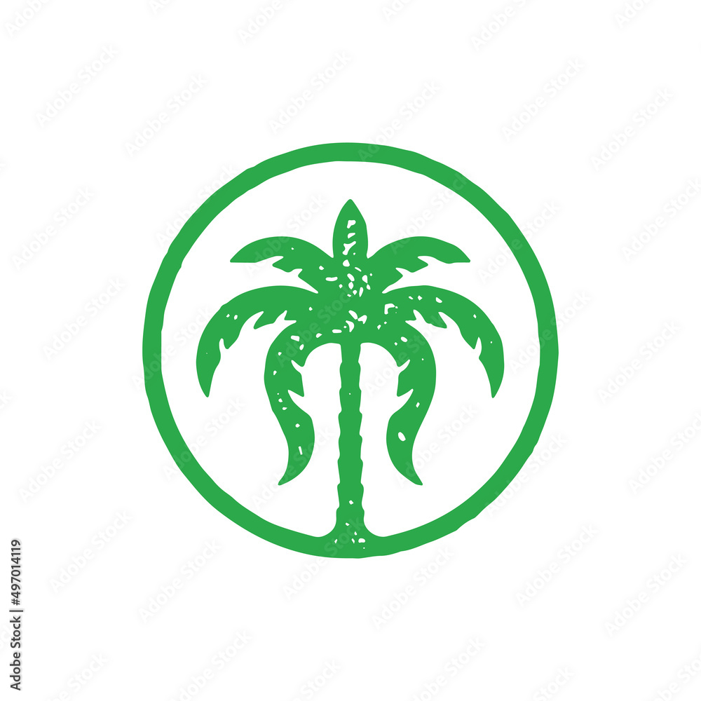 Simple circled logo green natural palm tree with luxury foliage leaves vintage design grunge texture