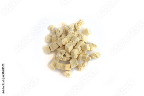 Freeze Dried Chicken Pieces in Heap for Human Food Top Down Isolated on White