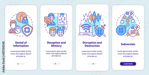 Information warfare tactics onboarding mobile app screen. Walkthrough 4 steps graphic instructions pages with linear concepts. UI, UX, GUI template. Myriad Pro-Bold, Regular fonts used