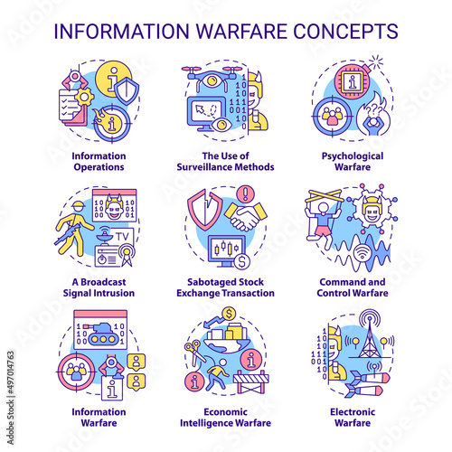 Information warfare concept icons set. Mislead adversaries. Strategy and tactic idea thin line color illustrations. Isolated symbols. Editable stroke. Roboto-Medium, Myriad Pro-Bold fonts used