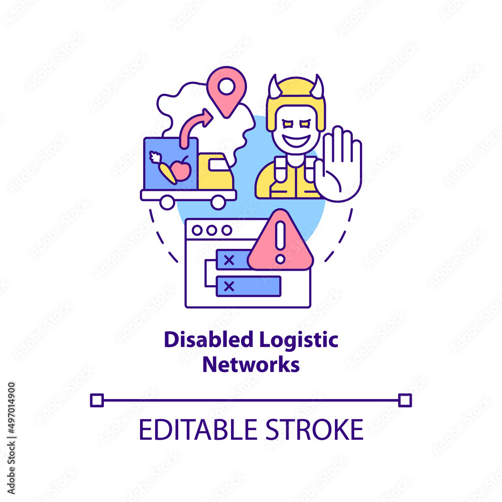 Disabled logistic networks concept icon. Form of information warfare abstract idea thin line illustration. Isolated outline drawing. Editable stroke. Arial, Myriad Pro-Bold fonts used