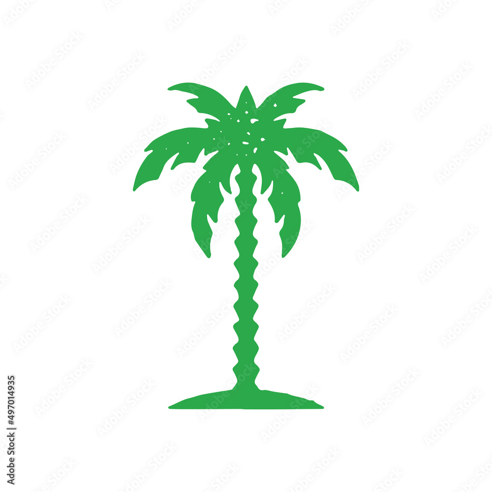 Hand drawn green palm tree with trunk and tropical leaves foliage summer travel vacation logo