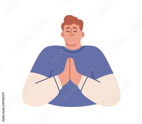 Happy grateful person with palms together. Thankful blissful man with closed eyes feeling gratitude, bliss, happiness, joy. Guy praying, thanking. Flat vector illustration isolated on white background