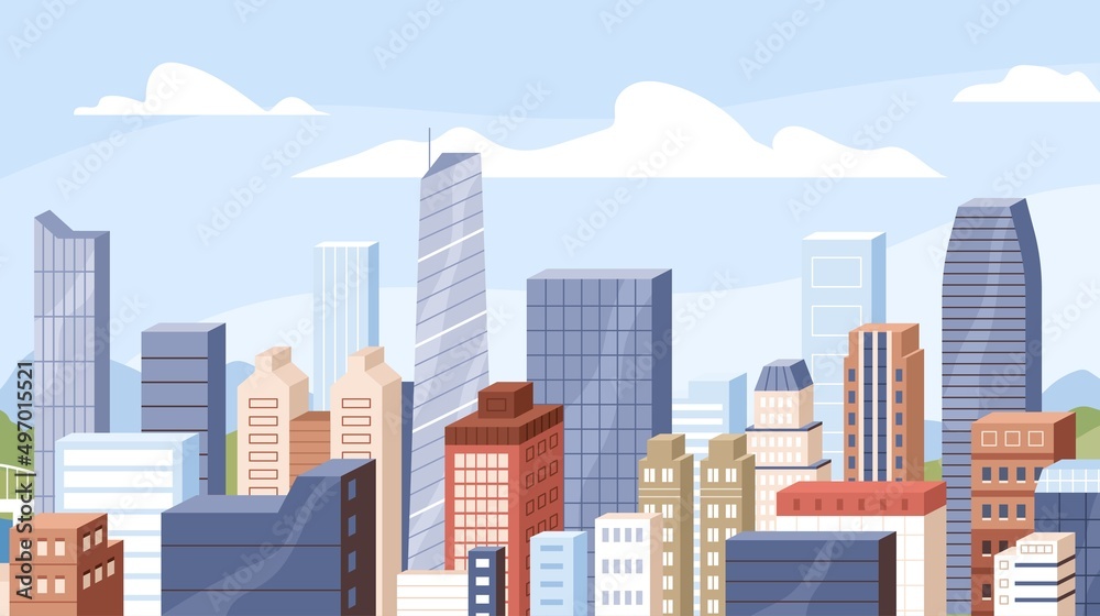 City business and residential buildings, high skyscrapers and sky with clouds at day time. Modern urban cityscape. Metropolis downtown. Financial district scenery, roof view. Flat vector illustration City business and residential buildings, high skyscrapers and sky with clouds at day time. Modern urban cityscape. Metropolis downtown. Financial district scenery, roof view. Flat vector illustration