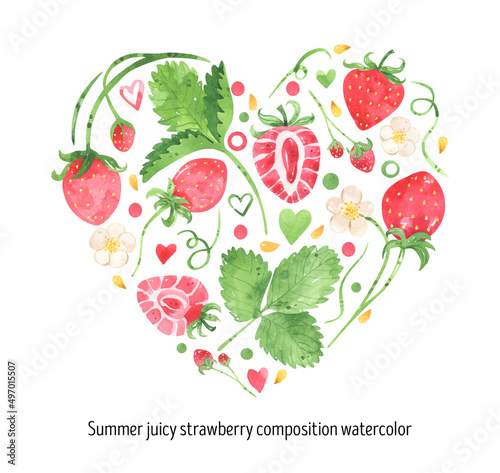Juicy strawberry watercolor design heart comositions. Bright red berries green leaves, flowers. Summer botanical illustration. For packages, cards, logo. Summer sweet bright berries. Isolated on white