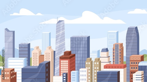 City business and residential buildings  high skyscrapers and sky with clouds at day time. Modern urban cityscape. Metropolis downtown. Financial district scenery  roof view. Flat vector illustration