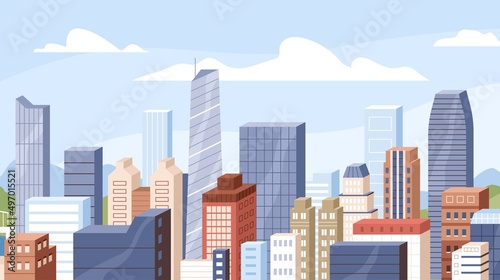 City business and residential buildings, high skyscrapers and sky with clouds at day time. Modern urban cityscape. Metropolis downtown. Financial district scenery, roof view. Flat vector illustration
