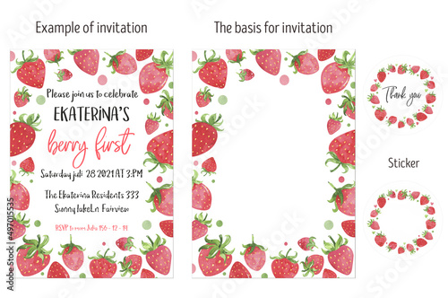Juicy strawberry watercolor design invitation card layout.  Bright red berries cute strawberry. Summer botanical illustration. Summer sweet bright berries. Baby shower, birthday invitation card.