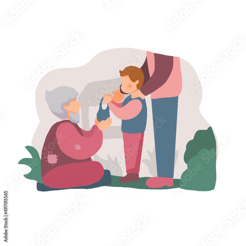 a child is feeding a poor man