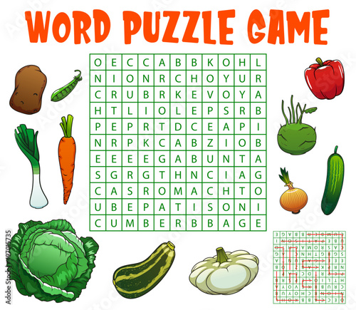 Raw farm isolated vegetables word search vector puzzle game worksheet. Kids quiz or education riddle with veggie food, cartoon carrot, pepper, onion and cabbage, zucchini, pea, kohlrabi and cucumber